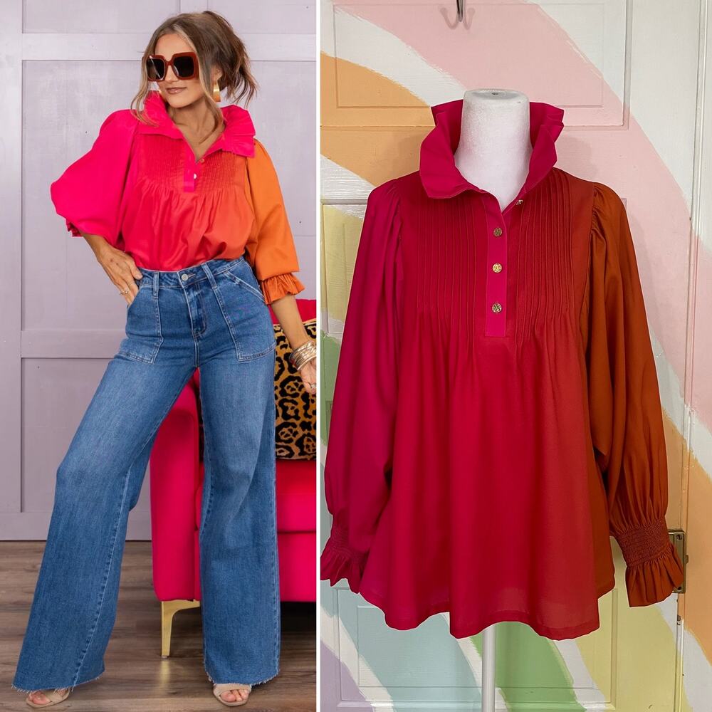 ✨Emily McCarthy Charlotte Ruffle Pink & Orange Ombre Top in Golden Hour Sz S